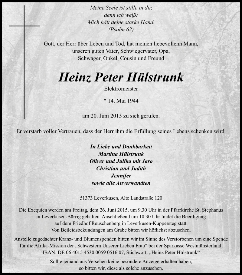  Traueranzeige für Heinz Peter Hülstrunk vom 24.06.2015 aus Kölner Stadt-Anzeiger / Kölnische Rundschau / Express