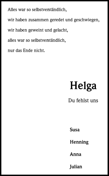Anzeige von Helga Welsch von Kölner Stadt-Anzeiger / Kölnische Rundschau / Express