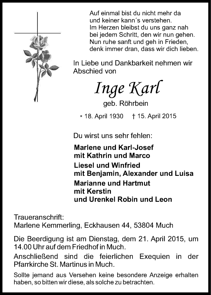  Traueranzeige für Inge Karl vom 17.04.2015 aus Kölner Stadt-Anzeiger / Kölnische Rundschau / Express