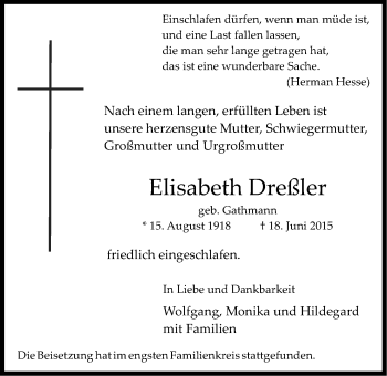 Anzeige von Elisabeth Dreßler von Kölner Stadt-Anzeiger / Kölnische Rundschau / Express