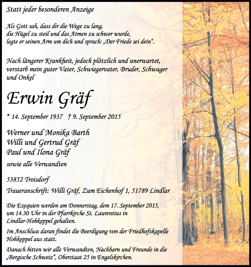 Traueranzeige für Erwin Gräf vom 12.09.2015 aus Kölner Stadt-Anzeiger / Kölnische Rundschau / Express