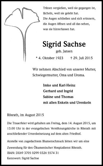 Anzeige von Sigrid Sachse von Kölner Stadt-Anzeiger / Kölnische Rundschau / Express
