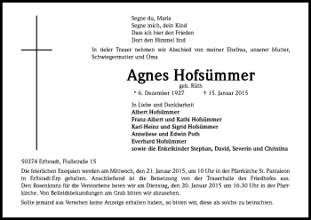 Anzeige von Agnes Hofsümmer von Kölner Stadt-Anzeiger / Kölnische Rundschau / Express