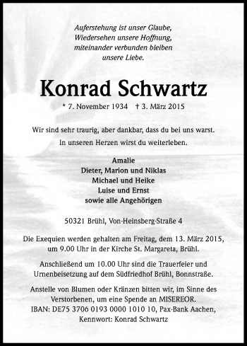 Anzeige von Konrad Schwartz von Kölner Stadt-Anzeiger / Kölnische Rundschau / Express