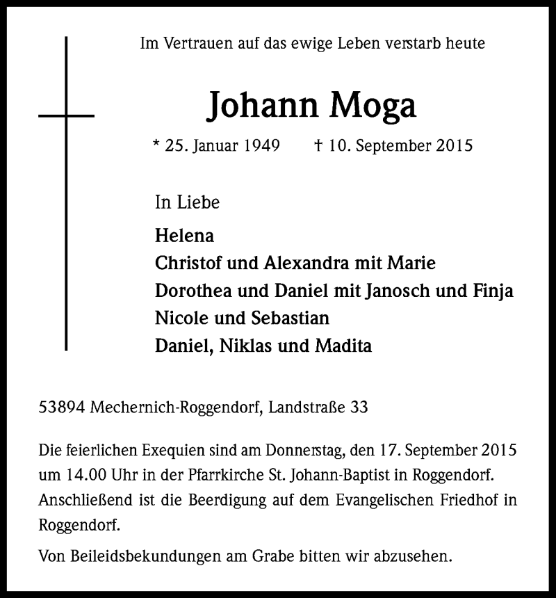  Traueranzeige für Johann Moga vom 15.09.2015 aus Kölner Stadt-Anzeiger / Kölnische Rundschau / Express