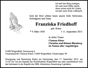Anzeige von Franziska Friedhoff von Kölner Stadt-Anzeiger / Kölnische Rundschau / Express