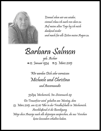 Anzeige von Barbara Salmon von Kölner Stadt-Anzeiger / Kölnische Rundschau / Express