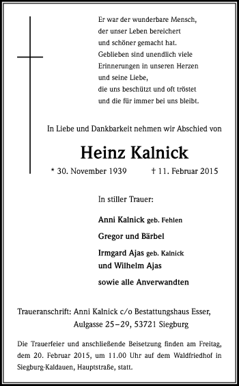 Anzeige von Heinz Kalnick von Kölner Stadt-Anzeiger / Kölnische Rundschau / Express