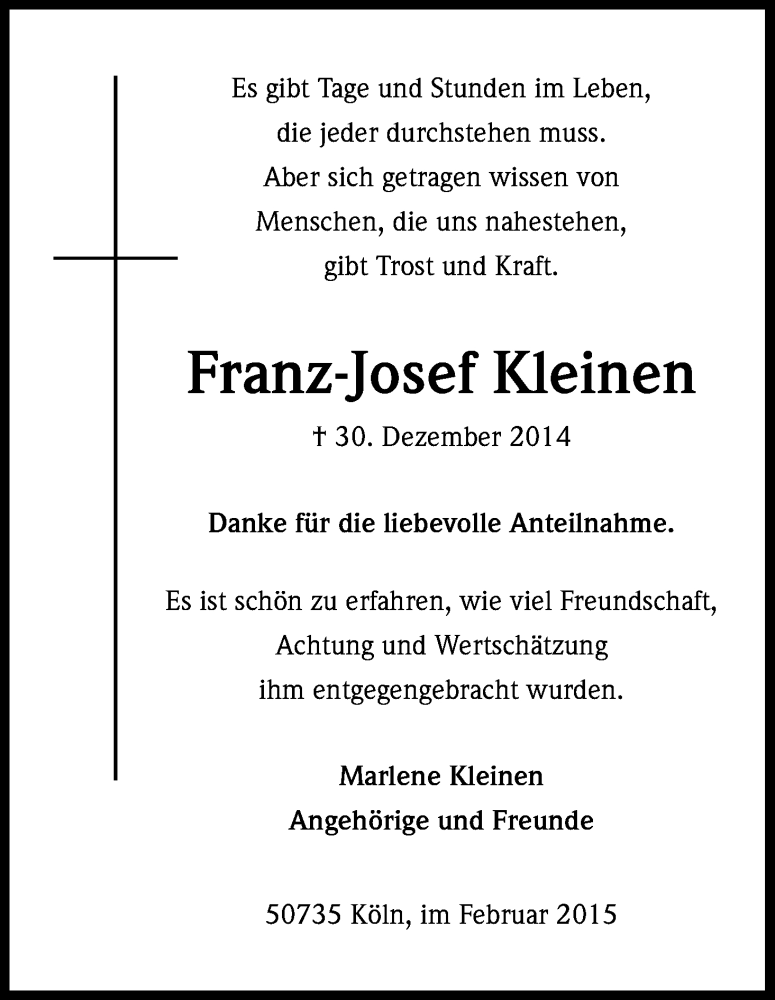  Traueranzeige für Franz-Josef Kleinen vom 07.02.2015 aus Kölner Stadt-Anzeiger / Kölnische Rundschau / Express