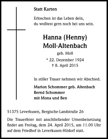Anzeige von Hanna Moll-Altenbach von Kölner Stadt-Anzeiger / Kölnische Rundschau / Express