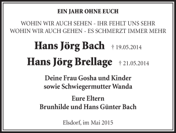 Anzeige von Hans Jörg Bach und Hans Jörg Brellage Jahresgedenken von  Sonntags-Post 