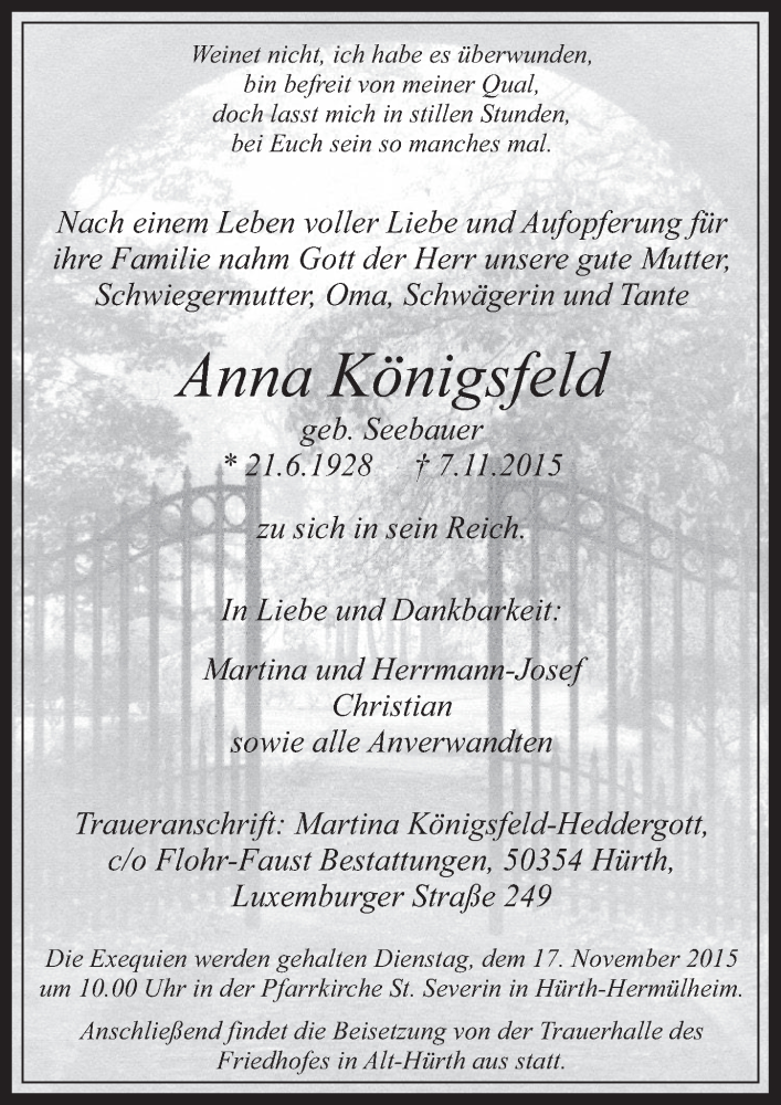  Traueranzeige für Anna Königsfeld vom 11.11.2015 aus  Wochenende 