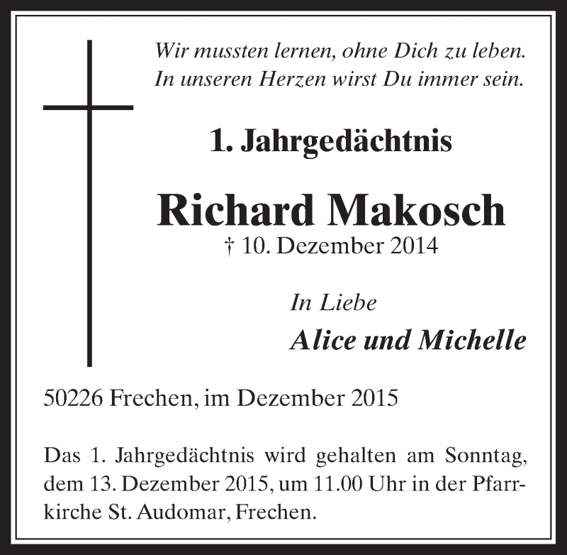  Traueranzeige für Richard Makosch vom 09.12.2015 aus  Wochenende 