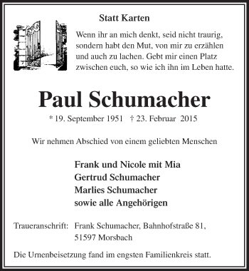Anzeige von Paul Schumacher von  Lokalanzeiger 