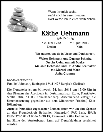 Anzeige von Käthe Uehmann von Kölner Stadt-Anzeiger / Kölnische Rundschau / Express