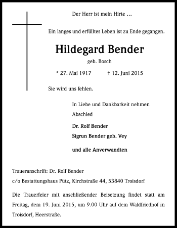 Anzeige von Hildegard Bender von Kölner Stadt-Anzeiger / Kölnische Rundschau / Express