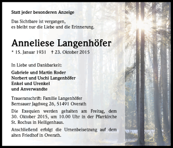 Anzeige von Anneliese Langenhöfer von Kölner Stadt-Anzeiger / Kölnische Rundschau / Express