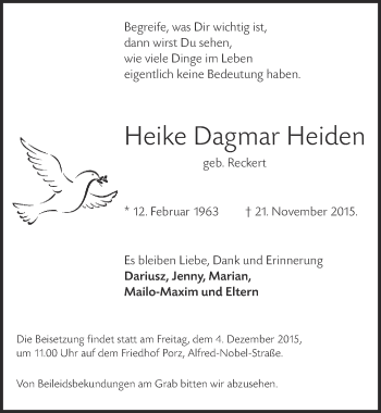 Anzeige von Heike Dagmar Heiden von  Kölner Wochenspiegel 