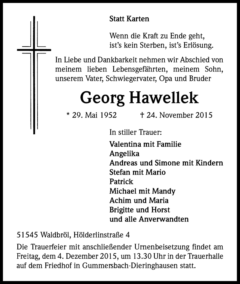  Traueranzeige für Georg Hawellek vom 02.12.2015 aus Kölner Stadt-Anzeiger / Kölnische Rundschau / Express