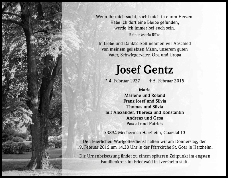  Traueranzeige für Josef Gentz vom 14.02.2015 aus Kölner Stadt-Anzeiger / Kölnische Rundschau / Express