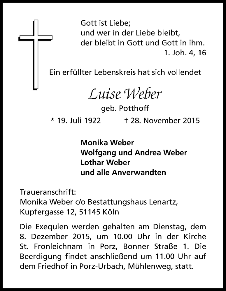  Traueranzeige für Luise Weber vom 05.12.2015 aus Kölner Stadt-Anzeiger / Kölnische Rundschau / Express