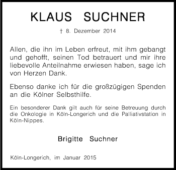 Anzeige von Klaus Suchner von Kölner Stadt-Anzeiger / Kölnische Rundschau / Express