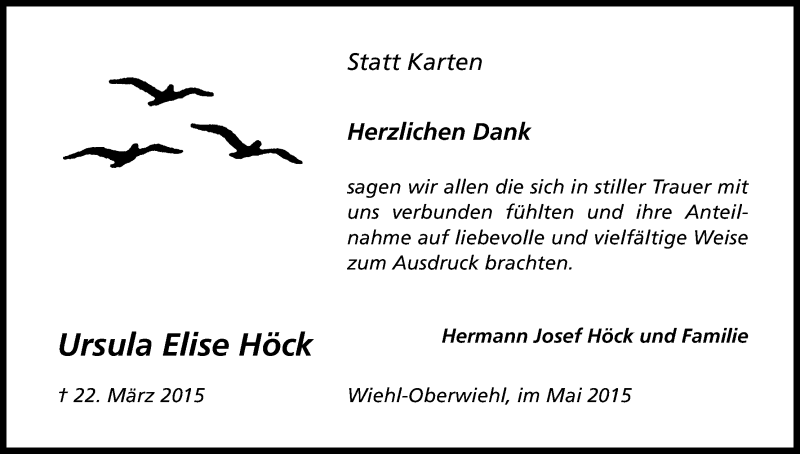  Traueranzeige für Ursula Elise Höck vom 05.05.2015 aus Kölner Stadt-Anzeiger / Kölnische Rundschau / Express