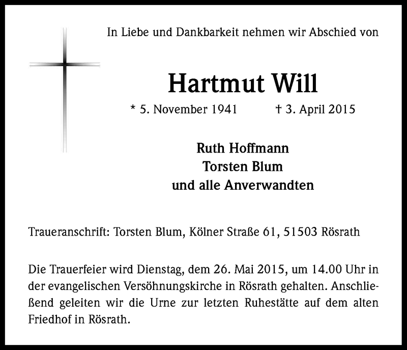  Traueranzeige für Hartmut Will vom 16.05.2015 aus Kölner Stadt-Anzeiger / Kölnische Rundschau / Express