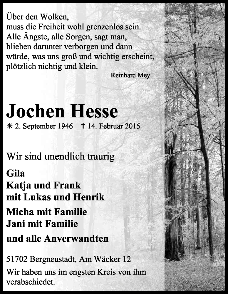  Traueranzeige für Jochen Hesse vom 21.02.2015 aus Kölner Stadt-Anzeiger / Kölnische Rundschau / Express