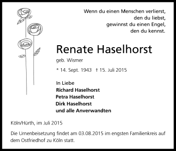 Anzeige von Renate Haselhorst von Kölner Stadt-Anzeiger / Kölnische Rundschau / Express