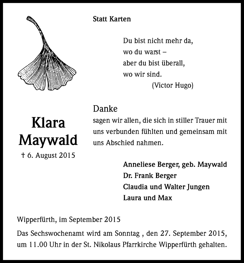  Traueranzeige für Klara Maywald vom 23.09.2015 aus Kölner Stadt-Anzeiger / Kölnische Rundschau / Express