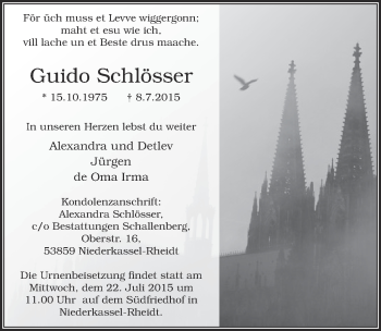 Anzeige von Guido Schlösser von  Rhein-Sieg-Wochenende 