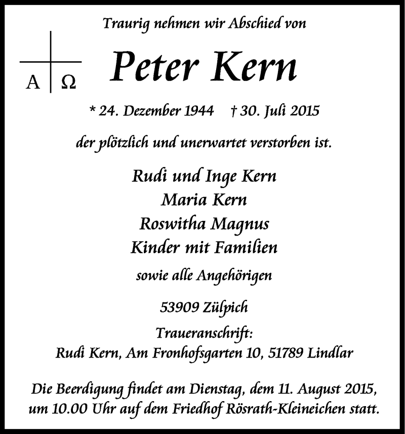  Traueranzeige für Peter Kern vom 08.08.2015 aus Kölner Stadt-Anzeiger / Kölnische Rundschau / Express