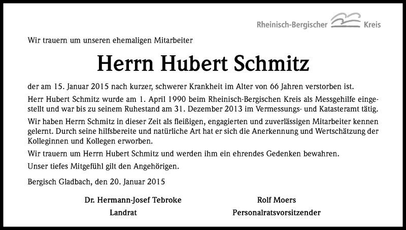  Traueranzeige für Hubert Schmitz vom 24.01.2015 aus Kölner Stadt-Anzeiger / Kölnische Rundschau / Express