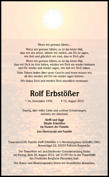 Anzeige von Rolf Erbstößer von Kölner Stadt-Anzeiger / Kölnische Rundschau / Express
