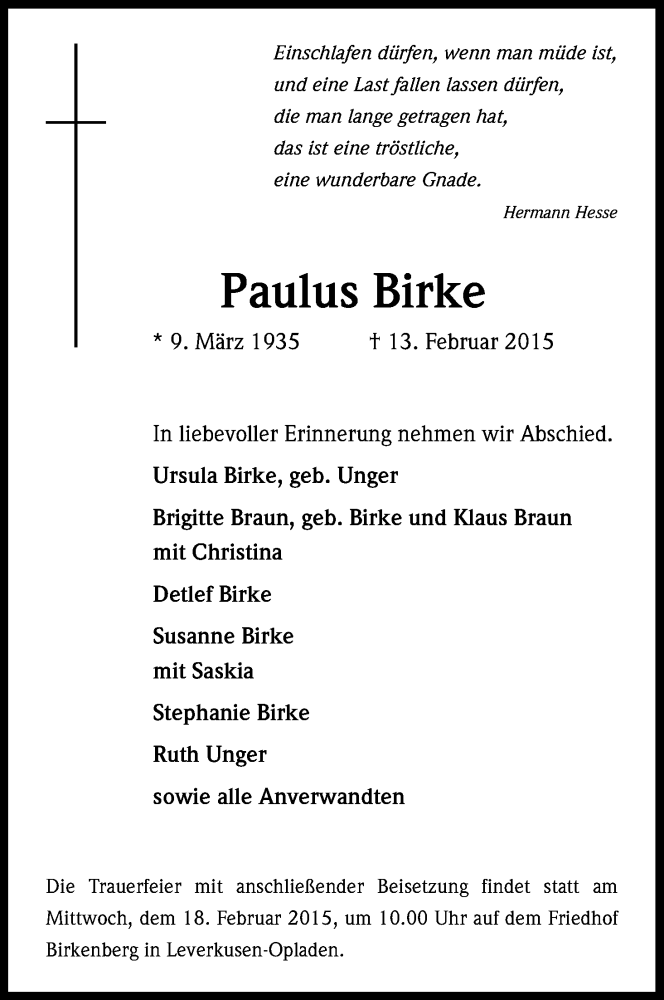  Traueranzeige für Paulus Birke vom 17.02.2015 aus Kölner Stadt-Anzeiger / Kölnische Rundschau / Express