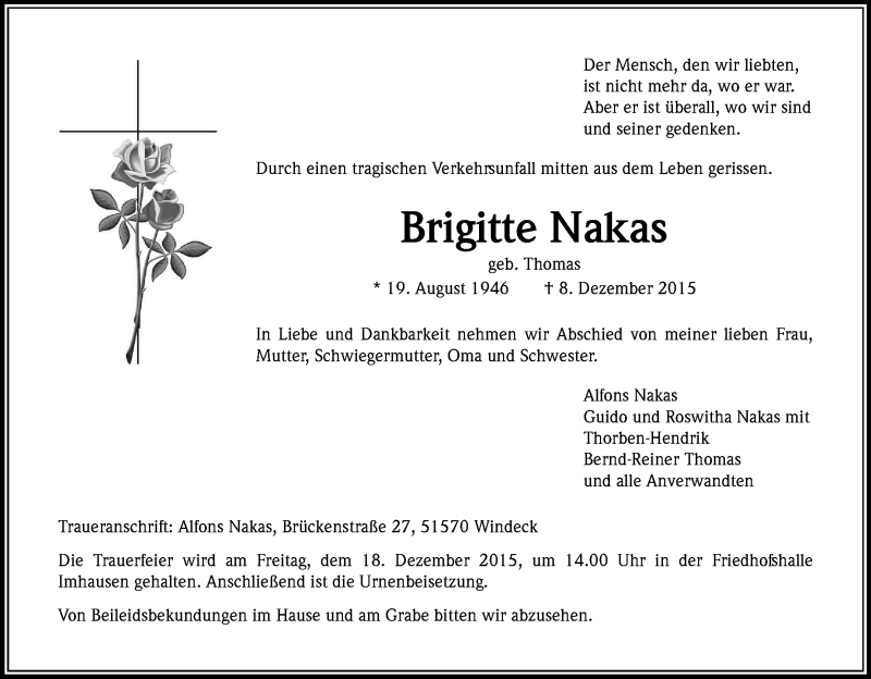  Traueranzeige für Brigitte Nakas vom 15.12.2015 aus Kölner Stadt-Anzeiger / Kölnische Rundschau / Express
