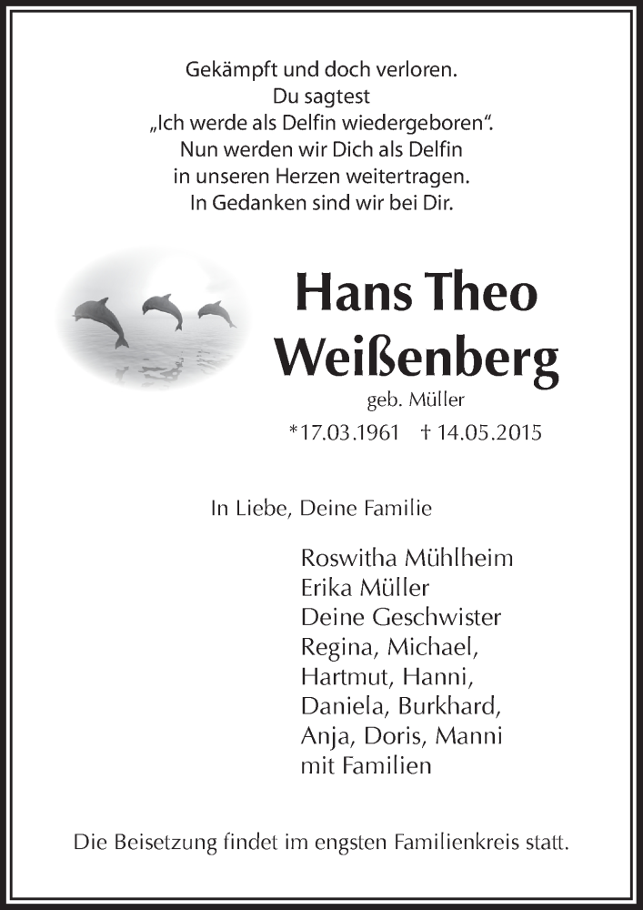  Traueranzeige für Hans Theo Weißenberg vom 23.05.2015 aus  Bergisches Sonntagsblatt 