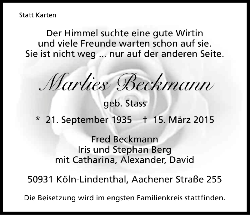  Traueranzeige für Marlies Beckmann vom 21.03.2015 aus Kölner Stadt-Anzeiger / Kölnische Rundschau / Express