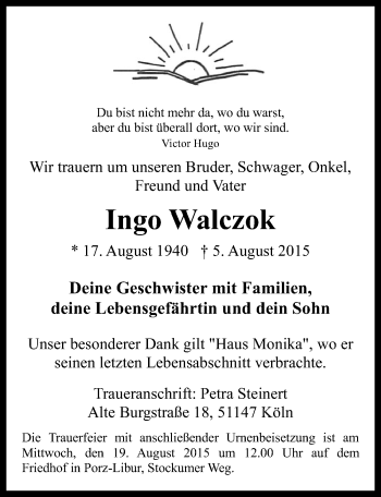 Anzeige von Ingo Walczok von  Kölner Wochenspiegel 