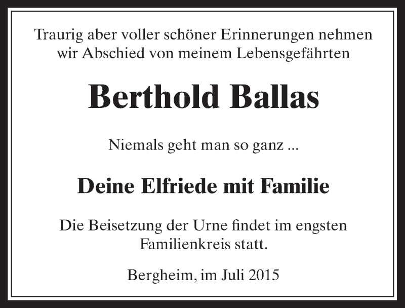  Traueranzeige für Berthold Ballas vom 18.07.2015 aus  Sonntags-Post 