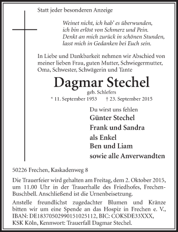 Anzeige von Dagmar Stechel von  Sonntags-Post 