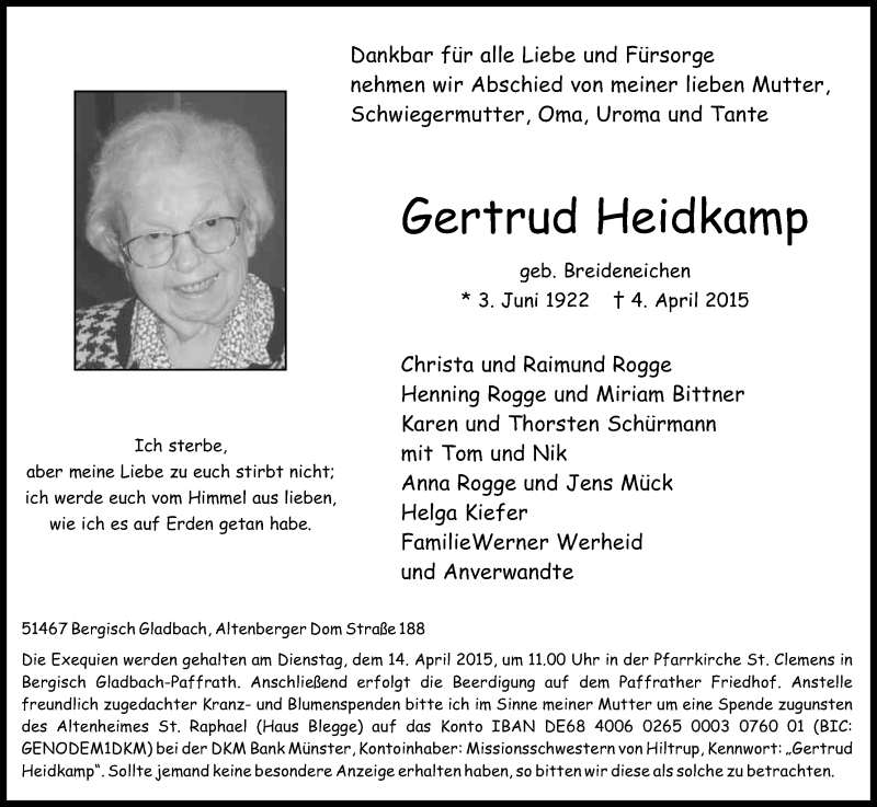  Traueranzeige für Gertrud Heidkamp vom 09.04.2015 aus Kölner Stadt-Anzeiger / Kölnische Rundschau / Express