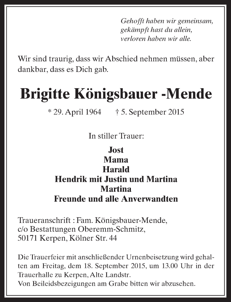 Traueranzeige für Brigitte Königsbauer-Mende vom 16.09.2015 aus  Werbepost 