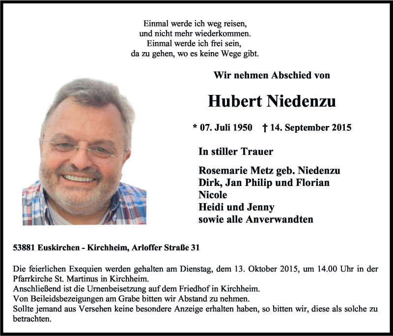  Traueranzeige für Hubert Niedenzu vom 07.10.2015 aus Kölner Stadt-Anzeiger / Kölnische Rundschau / Express