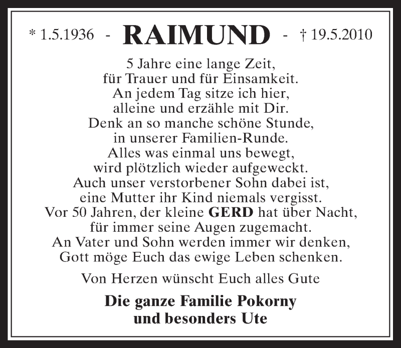  Traueranzeige für Raimund  vom 13.05.2015 aus  Wochenende 