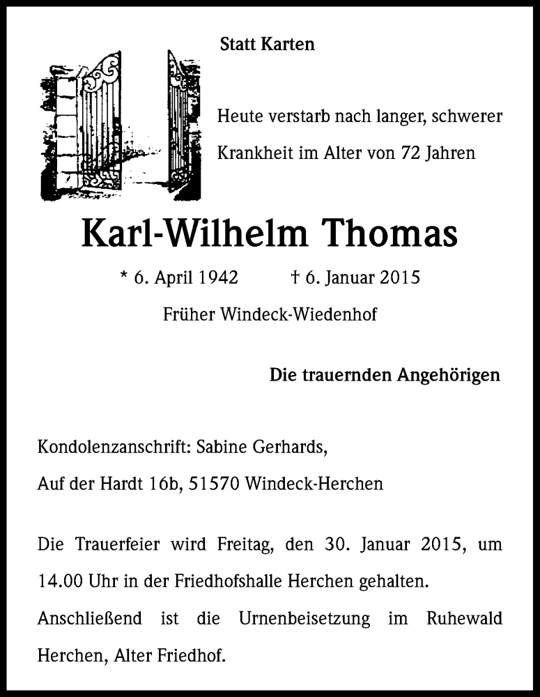  Traueranzeige für Karl-Wilhelm Thomas vom 24.01.2015 aus Kölner Stadt-Anzeiger / Kölnische Rundschau / Express