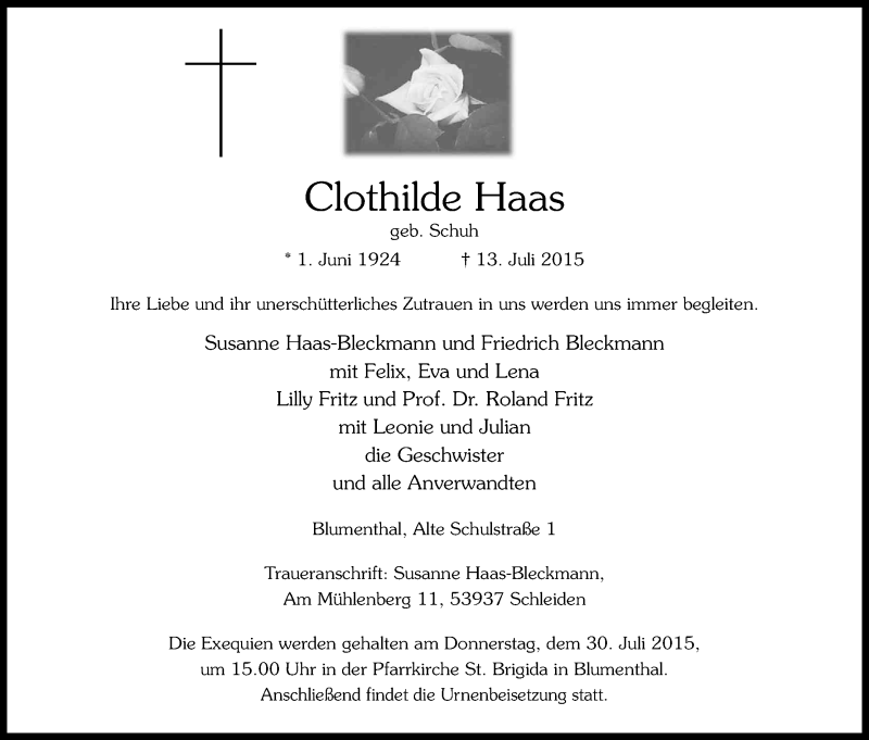  Traueranzeige für Clothilde Haas vom 25.07.2015 aus Kölner Stadt-Anzeiger / Kölnische Rundschau / Express