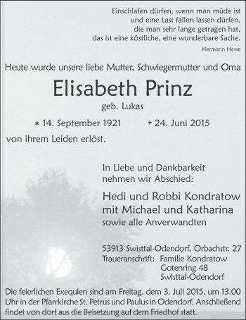 Anzeige von Elisabeth Prinz von  Schaufenster/Blickpunkt 