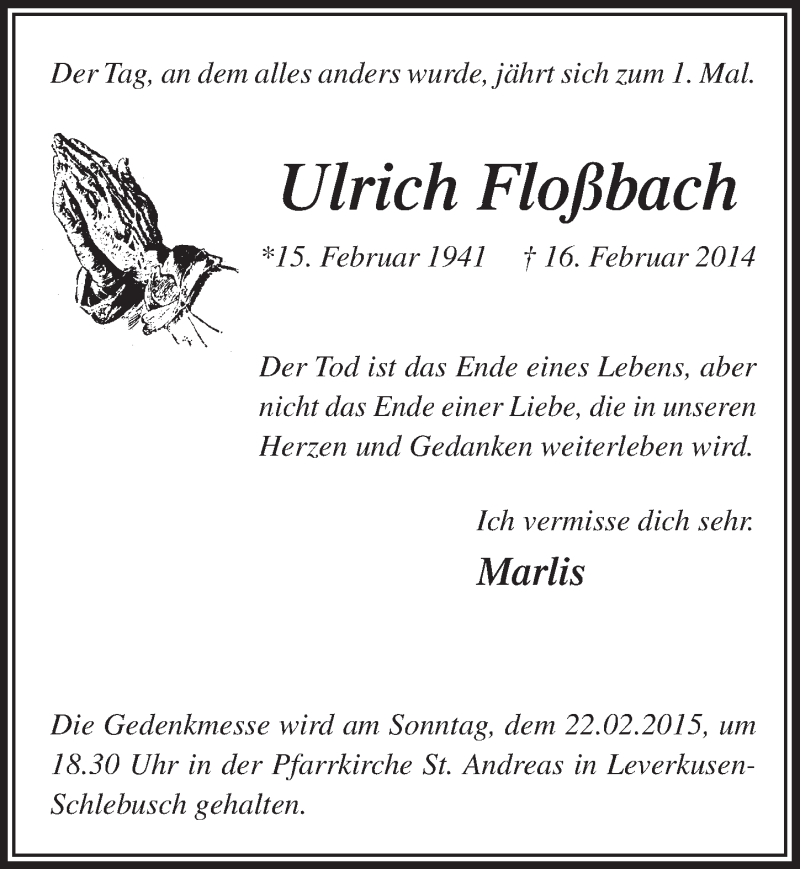  Traueranzeige für Ulrich Floßbach vom 18.02.2015 aus  Lokale Informationen 